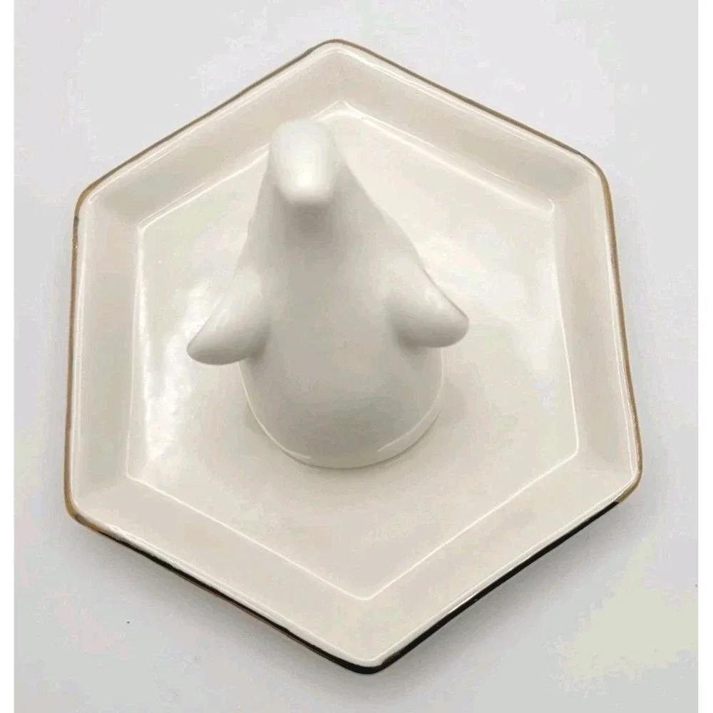 Elephant Ring Holder Trinket Dish White Ceramic Gold‎ Trim 3.5